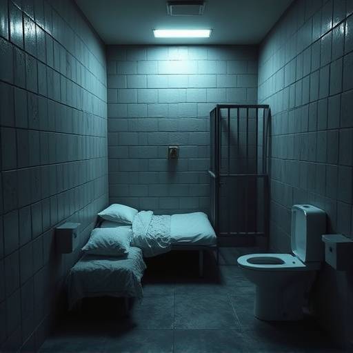 Fotografía de una celda de confinamiento solitario, mostrando un espacio pequeño y austero con una cama y un inodoro.