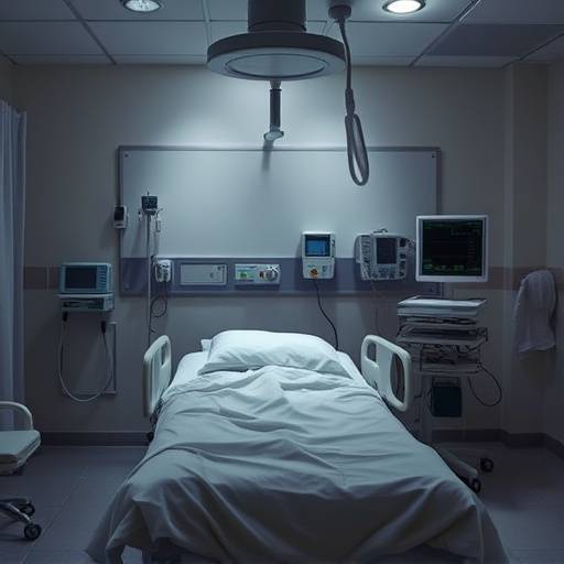 Fotografía de una celda de enfermería, mostrando una cama médica y equipo de monitoreo.