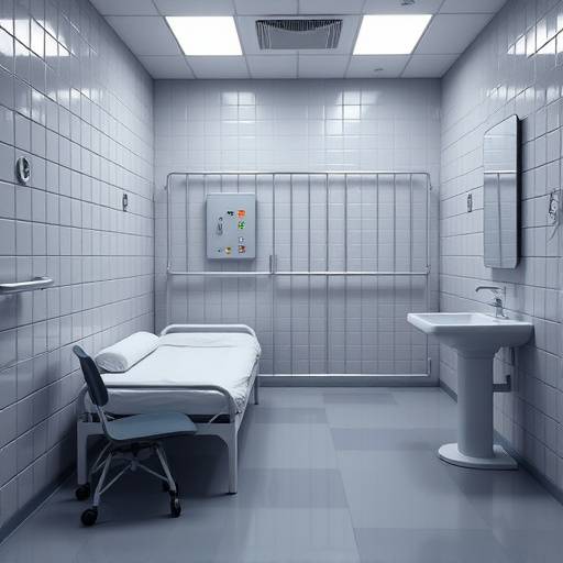 Fotografía de una celda moderna y bien iluminada, con una cama, una mesa, una silla y un lavabo.