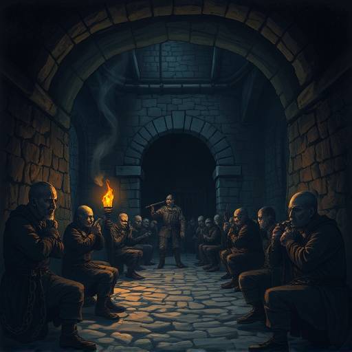 Ilustración de una mazmorra medieval oscura y lügubre, con prisioneros encadenados y un guardia con una antorcha.